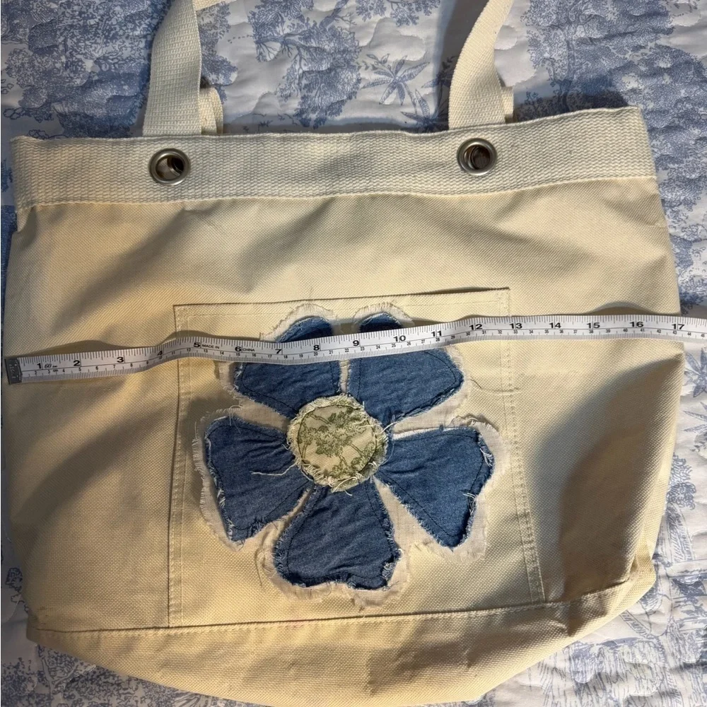 Upcycled Canvas Cream Beige Tote Bag with Blue Floral Accent